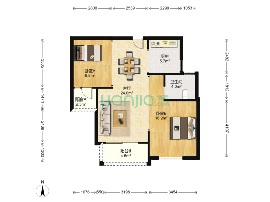 绿地酒业美居园 2室1厅1卫 86平方