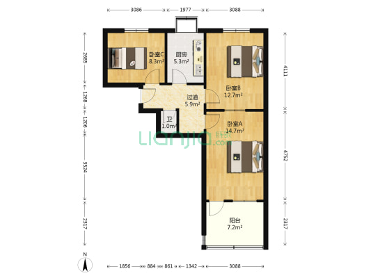 无影山新村三区 3室0厅1卫 61平方