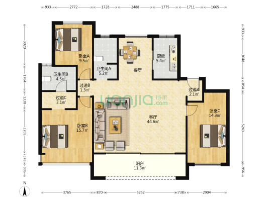 原岸三号院 3室1厅2卫 143平方