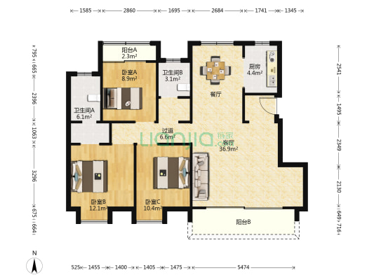 亚东·印山府 3室1厅2卫 119平方