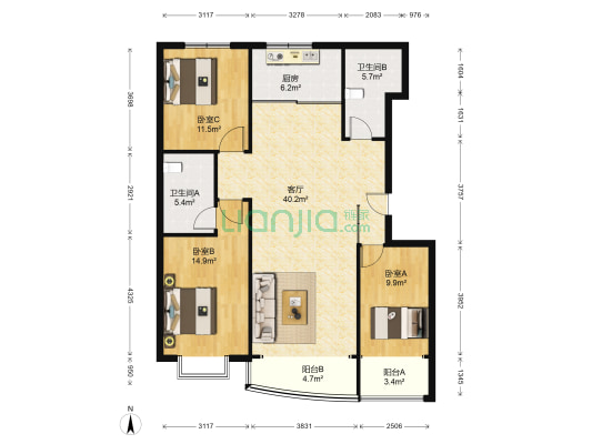 悦海花园 3室1厅2卫 127平方