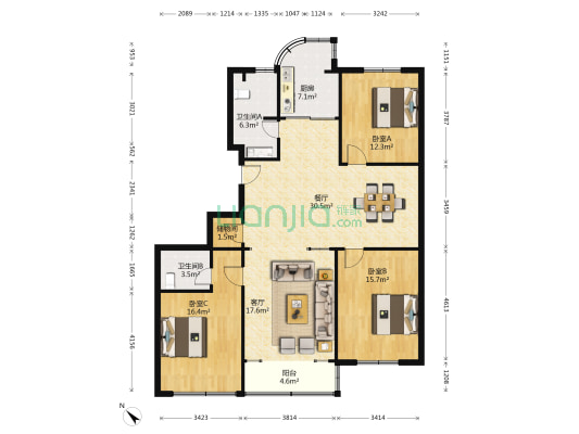 春申公寓 3室2厅2卫 148平方