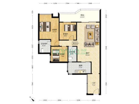 金和名都 3室1厅2卫 115平方