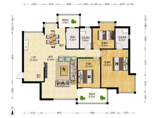 溪湖春晓 3室1厅2卫 119平方