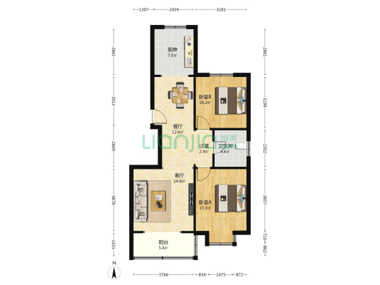 文化小区 2室2厅1卫 98平方