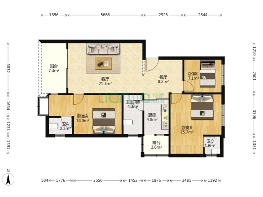 玄真路 3室2厅3卫 107平方