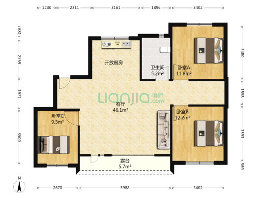 亿达第一郡三期 3室1厅1卫 103平方
