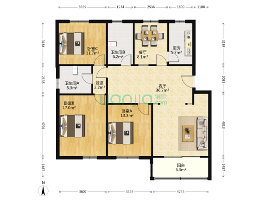 科林公寓 3室2厅2卫 135平方