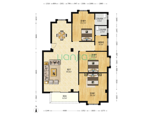 中达园 3室1厅2卫 139平方