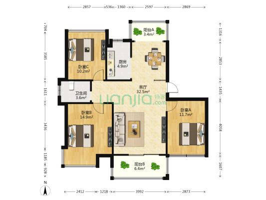 长麦大街幸福里西区 3室1厅1卫 92平方