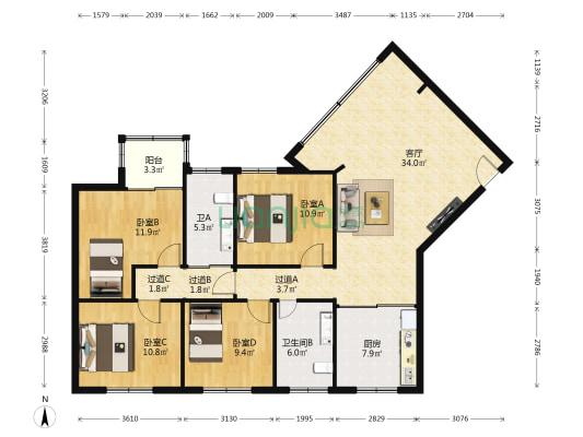 东洲花园 4室1厅2卫 143平方