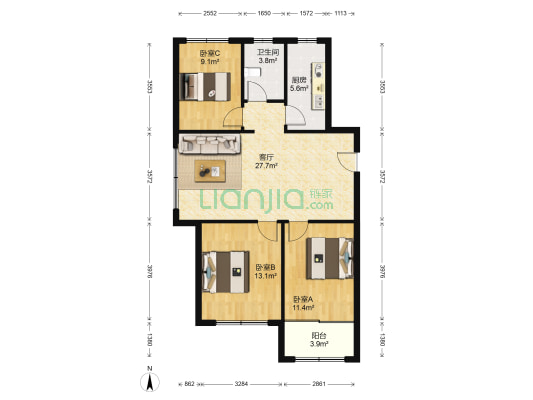 新东升福园 3室1厅1卫 114平方