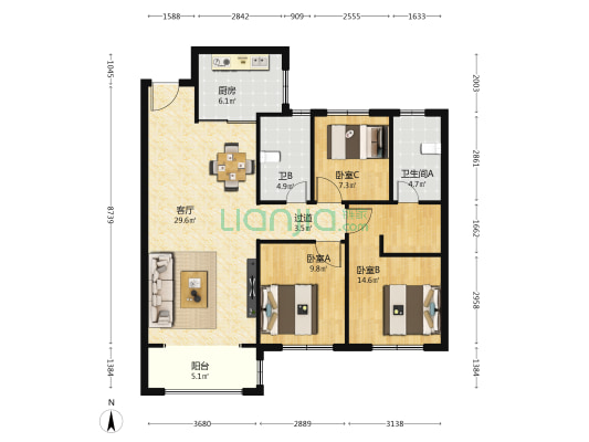 金科博翠园 3室1厅2卫 121平方