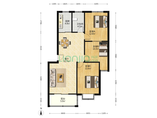 华星小区 3室1厅1卫 102平方