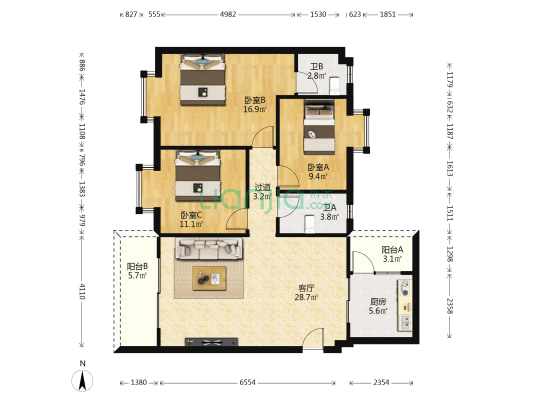 丽雅苑(常安路) 3室1厅2卫 104平方