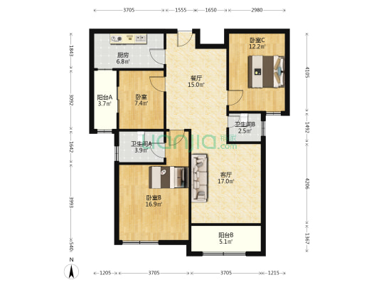 欢乐家园 3室2厅2卫 120平方