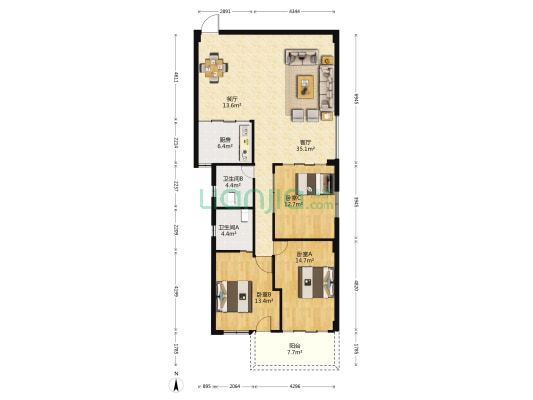 东城公寓 3室2厅2卫 131平方