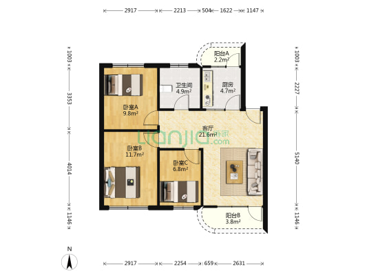 直升机场住宅楼 3室1厅1卫 80平方