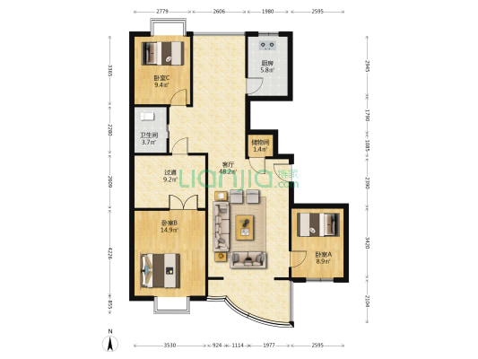 丽景琴园三期 3室1厅1卫 142平方