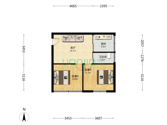 北新巷37号 2室1厅1卫 55平方