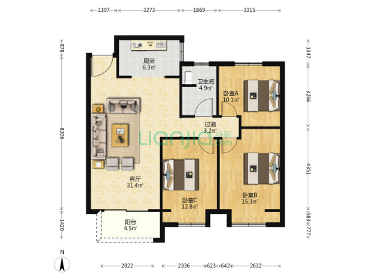 新惠华府 3室1厅1卫 117平方