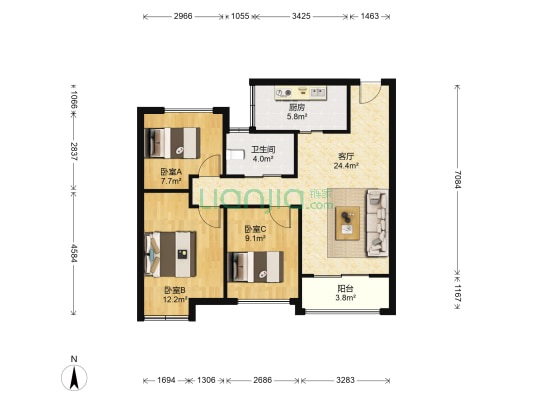 公元世家三期 3室1厅1卫 85平方