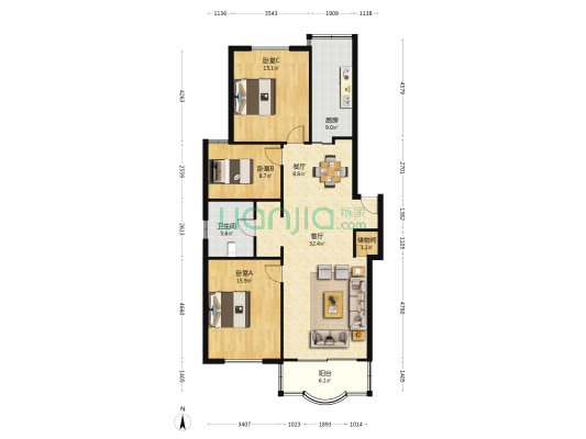 宇泰公寓 3室2厅1卫 121平方