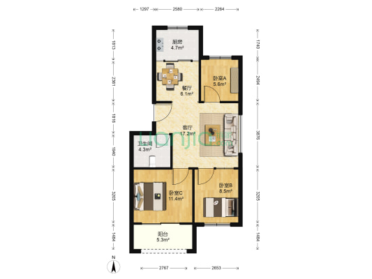 开泰华府 3室2厅1卫 77平方