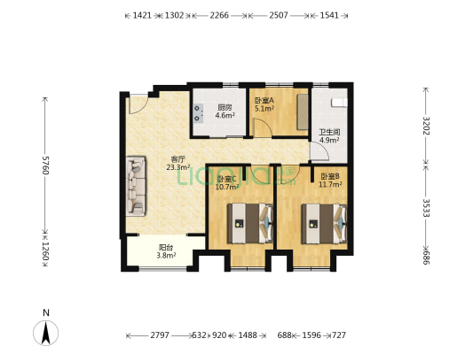 万科如园 3室1厅1卫 89平方