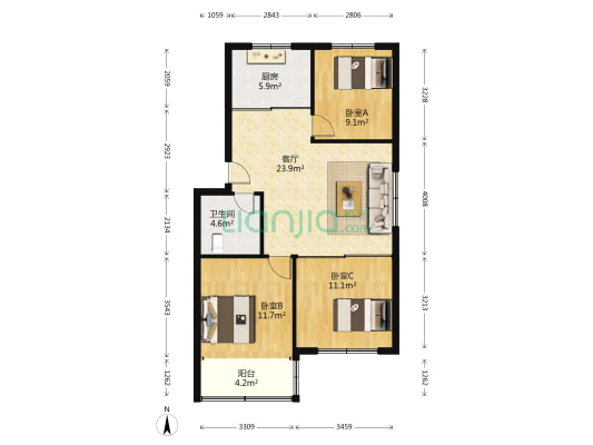 珠海苑 3室1厅1卫 84平方
