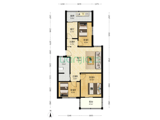 昆明经开区火电职工住宅区 3室2厅1卫 70平方