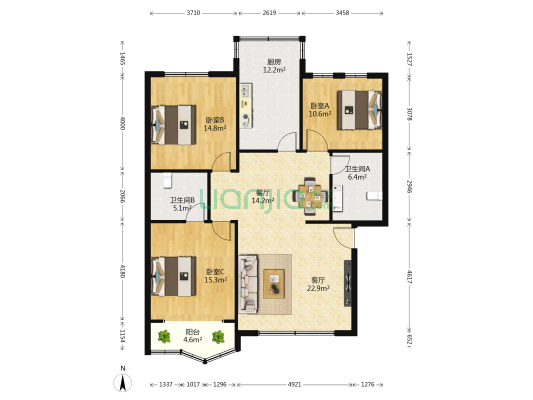 北苑别墅 3室2厅2卫 126平方