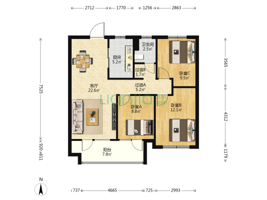 辉盛岚海 3室1厅1卫 103平方