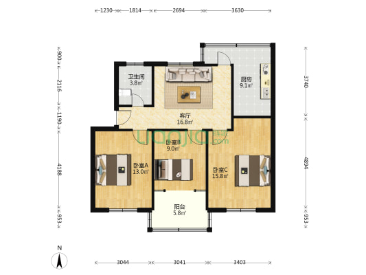 葛关路 3室1厅1卫 88平方