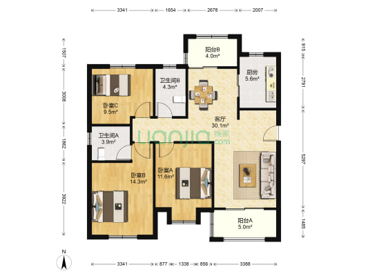 青苑新村六区西 3室1厅2卫 122平方