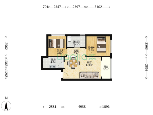 怀德国际广场 2室1厅1卫 64平方