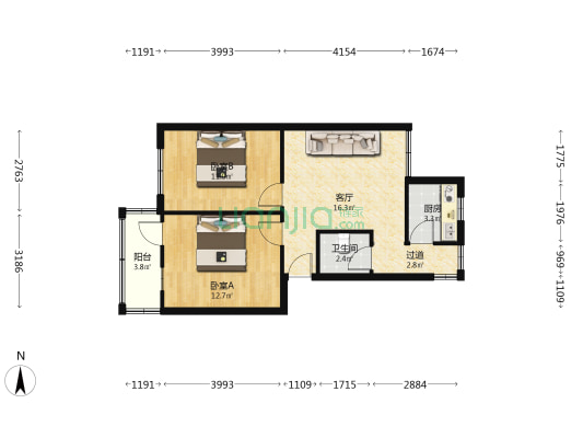 兴荣花园 2室1厅1卫 63平方