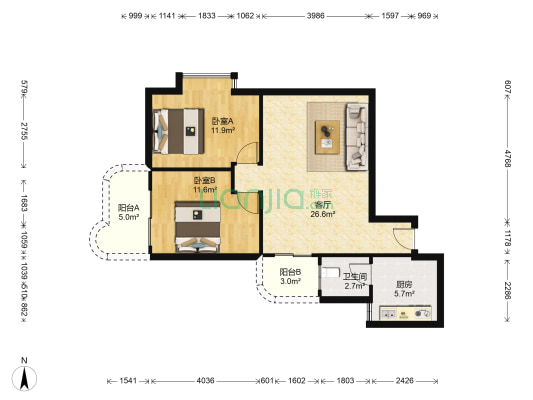 华景新城泽晖苑 2室1厅1卫 82平方
