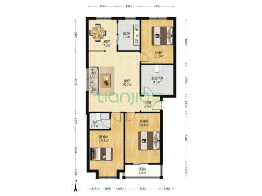 迎宾花园小区 3室2厅2卫 116平方