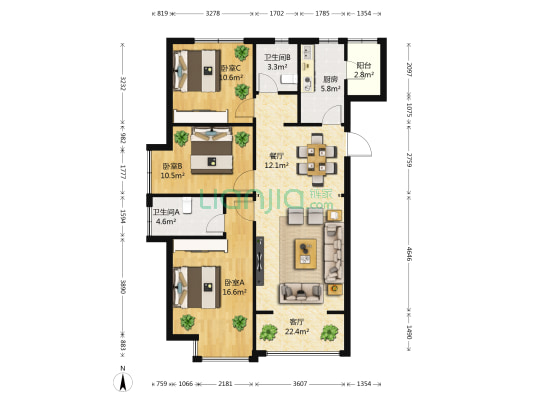 万科学府 3室2厅2卫 105平方