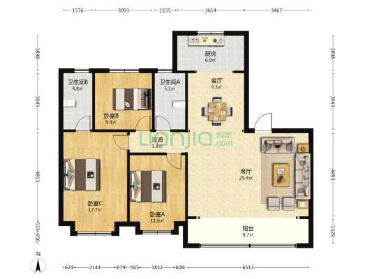 泽信公馆 3室2厅2卫 141平方