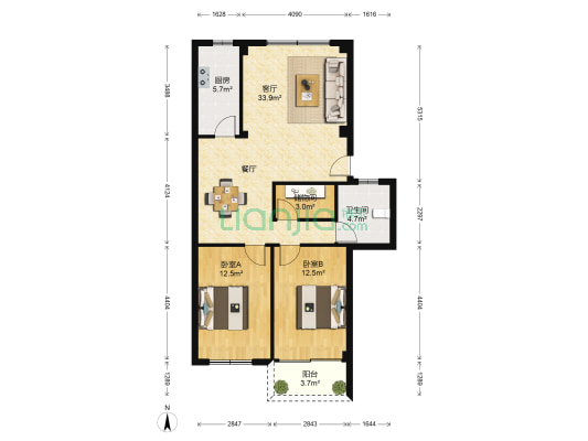 机关宿舍小区 2室1厅1卫 90平方