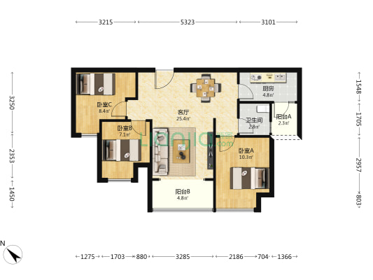 海成揽江 3室1厅1卫 85平方