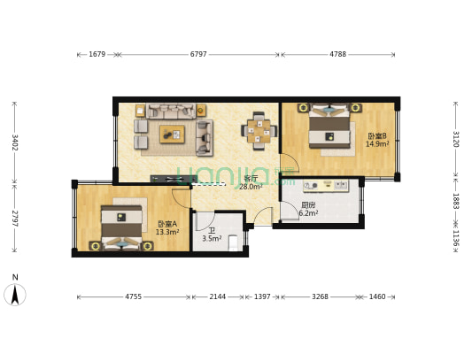 长宁街98号 2室1厅1卫 82平方