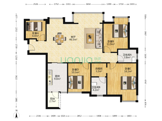 财富国际广场B区 4室1厅2卫 131平方
