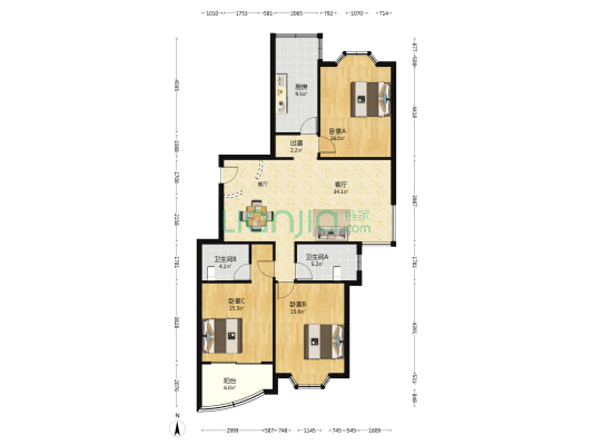 飘鹰东方花园 3室1厅2卫 138平方