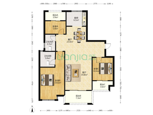 翼天城 3室2厅2卫 117平方