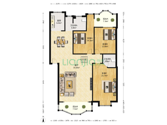 康岳花园 3室1厅2卫 143平方