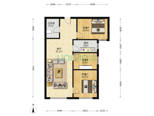 70年产权，南向小三居，中高楼层，采光无遮挡-户型图