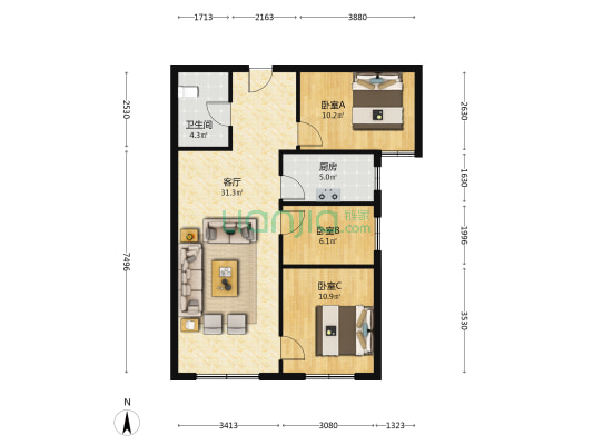 高铁新干线 3室2厅 南-户型图